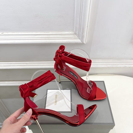 TOM FORD 26S HIGH-HEELED SANDALS 105 MM IN RED FABRIC AND CALFSKIN