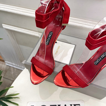 TOM FORD 26S HIGH-HEELED SANDALS 105 MM IN RED FABRIC AND CALFSKIN