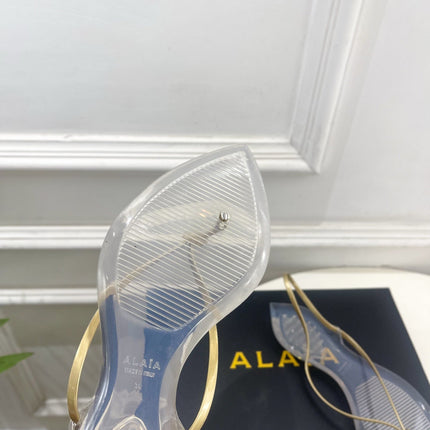 ALAIA 26S POINTED-TOE THONG SANDALS IN GOLD AND TRANSPARENT PVC