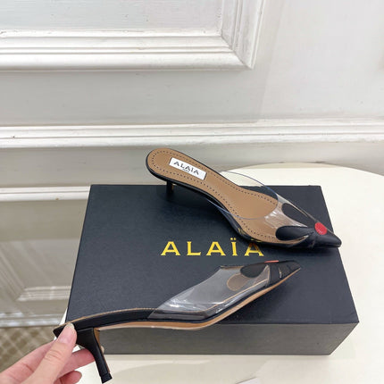 ALAIA 26S MULE HEELS 55 MM IN BLACK LAMBSKIN AND TRANSPARENT PVC