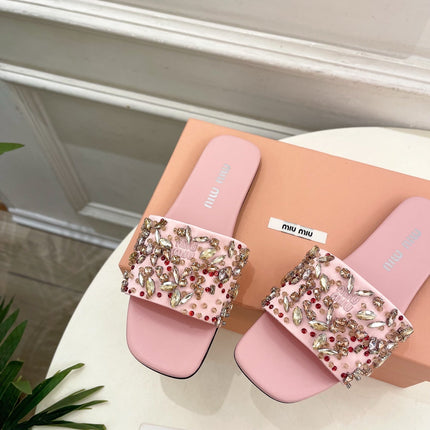 MIUMIU 26S SLIDES IN LIGHT PINK SATIN CRYSTAL EMBELLISHED
