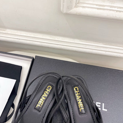 CHANEL 26S THONG SLINGBACK SANDALS IN BLACK LAMBSKIN