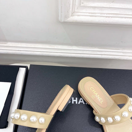 CHANEL 26S THONG SANDALS IN BEIGE LAMBSKIN WITH PEARL EMBELLISHMENTS