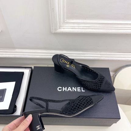 CHANEL 26S POINTED TOE HIGH HEEL SLINGBACK PUMPS 60MM IN BLACK MESH