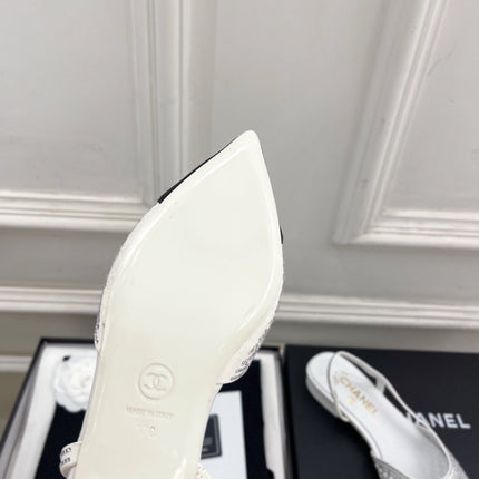 CHANEL 26S FLAT POINTED TOE SLINGBACK IN WHITE MESH WITH BLACK TOE CAP